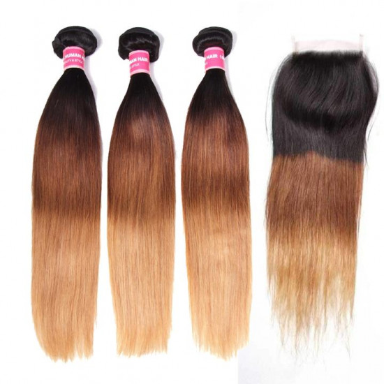 Preciousluxuryhair Hair Ombre Hair T1b/4/27 Color Straight Human Hair 3 Bundles with Lace Closure 100% Human Hair