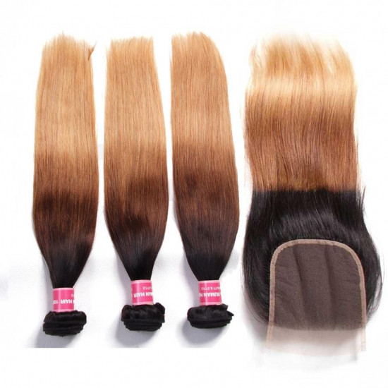 Preciousluxuryhair Hair Ombre Hair T1b/4/27 Color Straight Human Hair 3 Bundles with Lace Closure 100% Human Hair