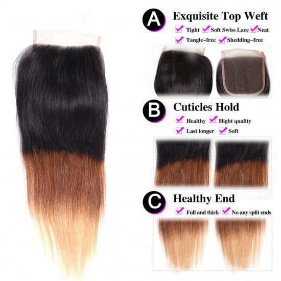 Preciousluxuryhair Hair Ombre Hair T1b/4/27 Color Straight Human Hair 3 Bundles with Lace Closure 100% Human Hair