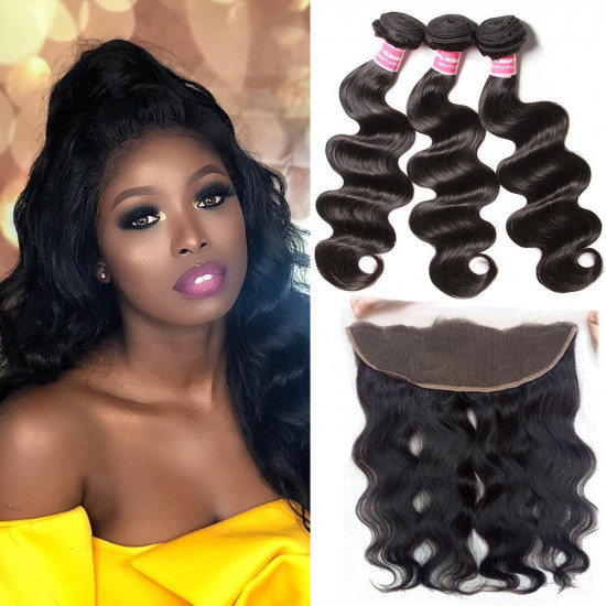 Preciousluxuryhair Peruvian Body Wave 3 Bundles with 13*4 Ear to Ear Lace Frontal 100% Human Hair