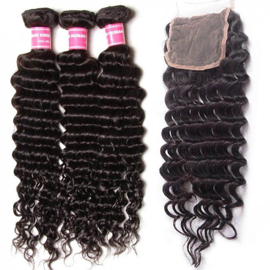 Preciousluxuryhair Hair Peruvian Deep Wave Hair 3 Bundles With  4