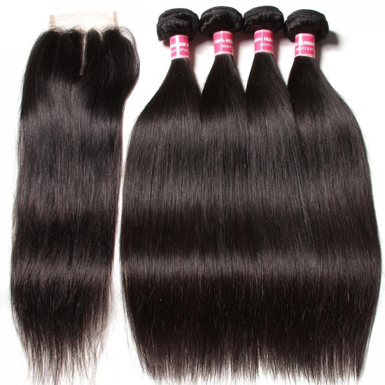 Preciousluxuryhair Virgin Peruvian Hair Straight Hair 4 Bundles With 4*4 Lace Closure, Hotsale Peruvian Hair Weaves