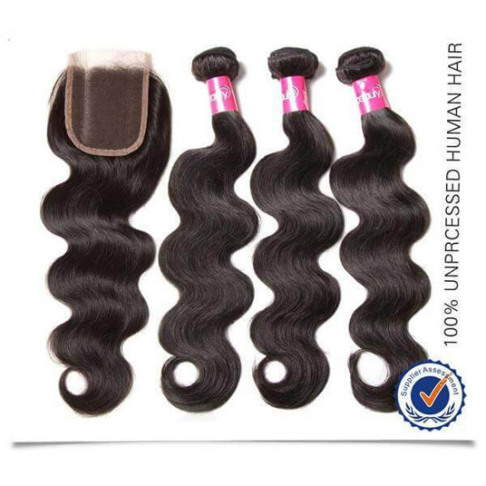 Preciousluxuryhair Hair Peruvian Virgin Hair Body Wave 3 Bundles With 4*4 Free/Middle/3 Part Lace Closure