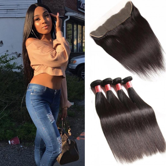 Preciousluxuryhair 8A Peruvian Straight Hair 4 Bundles with 13*4 Frontal Closure, 100% Human Virgin Hair Weaves