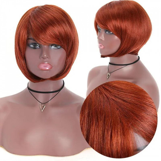 Preciousluxuryhair Pixie Cut Bob Wig Silky Straight Free Part Machine Made Classic Wig 150% Density Copper Red and Natural Black Color