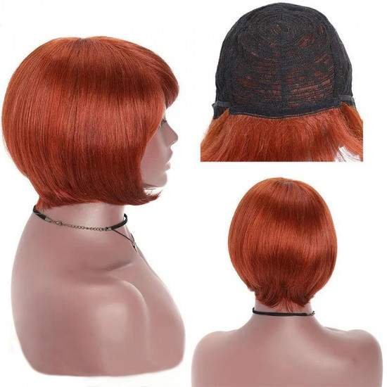 Preciousluxuryhair Pixie Cut Bob Wig Silky Straight Free Part Machine Made Classic Wig 150% Density Copper Red and Natural Black Color