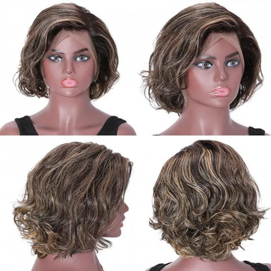 Preciousluxuryhair Short Hair Highlights Colour Free Part 13x4 Lace Front Bob Wigs 150% Density