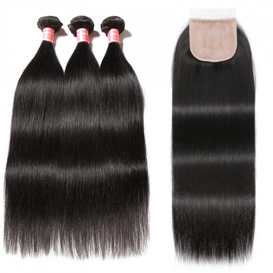 Preciousluxuryhair Straight Hair 3 Bundles Virgin Human Hair with 4x4 Fake Scalp PU Silk Lace Closure Pre-Plucked with Baby Hair