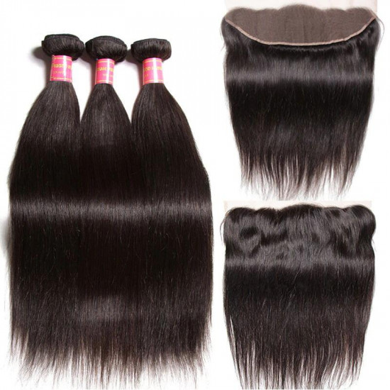 Preciousluxuryhair Hair Straight Hair 3 Bundles with 13*4 Transparent Ear to Ear Frontal Closure