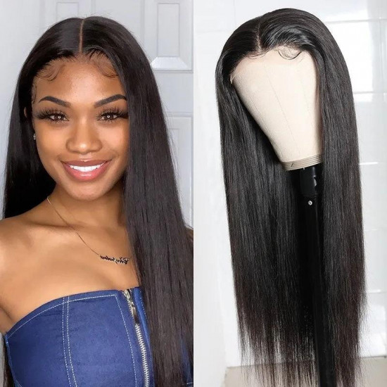 Preciousluxuryhair Straight Lace Front Human Hair Wigs Unprocessed Hand Tied Middle Part Lace Part Wig 150% Density