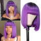 Preciousluxuryhair T1B/Purple Ombre Bob Wig with Dark Roots Short Straight Human hair with Bangs Machine Made Human Hair Wig