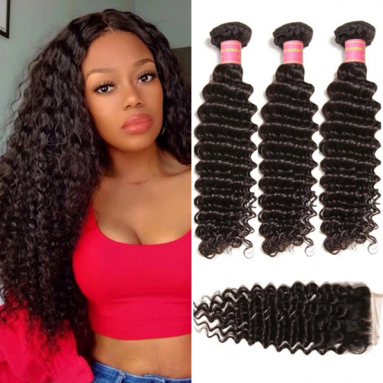 Preciousluxuryhair Hair Virgin Peruvian Deep Wave Hair Weaves, 4 Bundles with 4*4 Lace Closure