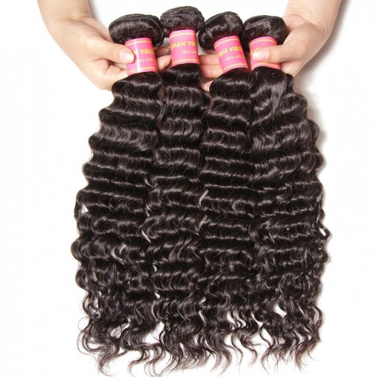 Preciousluxuryhair Hair Virgin Peruvian Deep Wave Hair Weaves, 4 Bundles with 4*4 Lace Closure