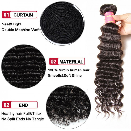 Preciousluxuryhair Hair Virgin Peruvian Deep Wave Hair Weaves, 4 Bundles with 4*4 Lace Closure