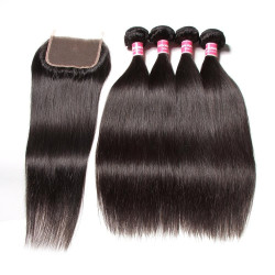 Preciousluxuryhair Hair Brazilian Straight Hair 4 Bundles With Lace Closure, 100% Unprocessed Human Weaves