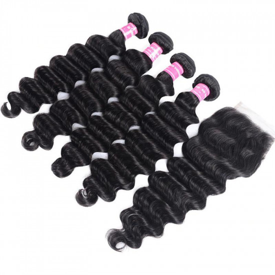 Preciousluxuryhair Virgin Hair Loose Deep Wave 4 Bundles with 4*4 Lace Closure, Human Virgin Hair Extensions